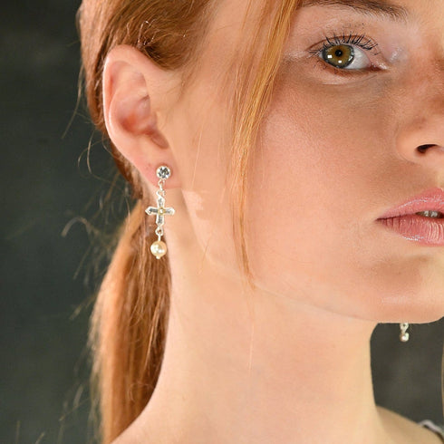 Peace Cross Pearl Post Earrings