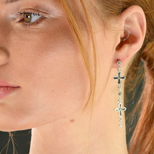Peace Cross 2 Crystal Drop Post Earrings