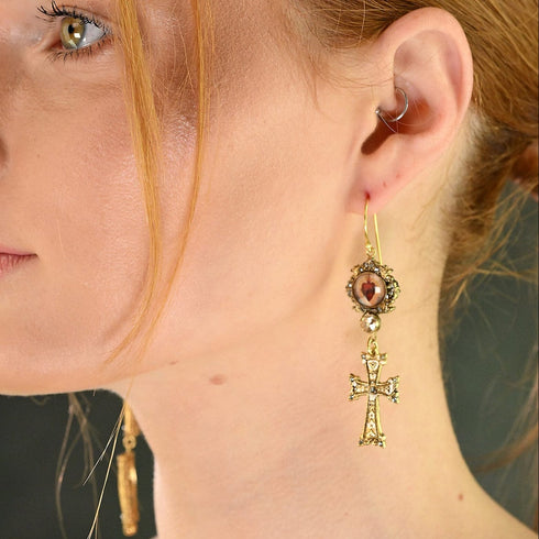 Retablo Framed Image and Cross Earrings - Gold - VSA Designs