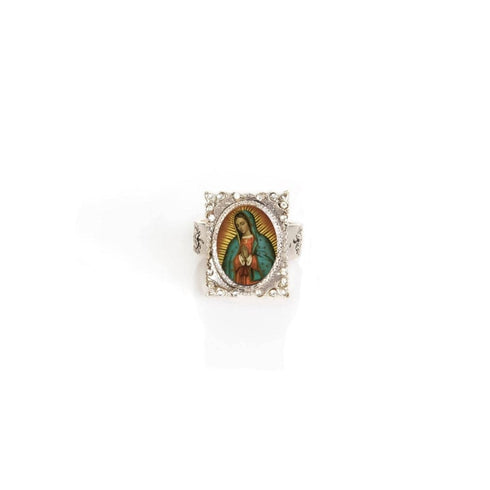 Retablo Square Framed Guadalupe Charm Ring - Silver - VSA Designs
