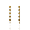 A pair of gold-toned dangle earrings featuring seven circular religious medallions linked by chains, with a small cross hanging from the bottom, shown on a white background with a faint reflection below.