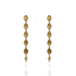 A pair of gold-toned dangle earrings featuring seven circular religious medallions linked by chains, with a small cross hanging from the bottom, shown on a white background with a faint reflection below.