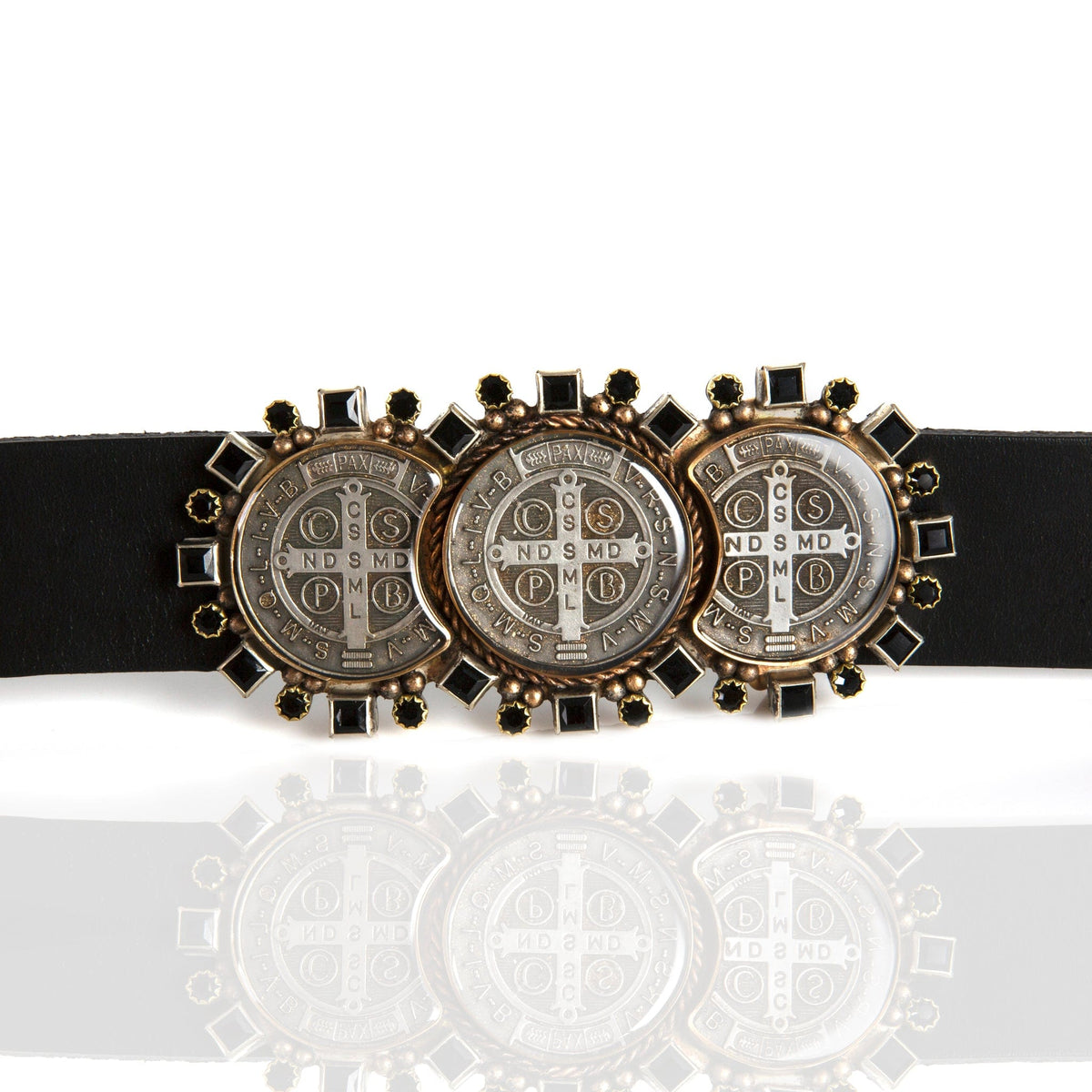 ? Virgins Saints & Angels Triple San Benito Jet Black Crystal Belt Buckle NEW BB Simon Veronica Belt Jet Black Crystal Leather Rap Rapper  main image 4