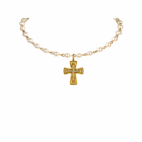Iconic 6mm Pearl Choker Cream with Rebel Cross - Gold