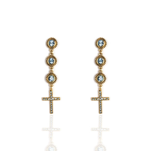 3 Crystal Cross Earrings Blue - Gold