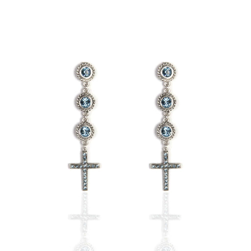 3 Crystal Cross Earrings Blue - Silver