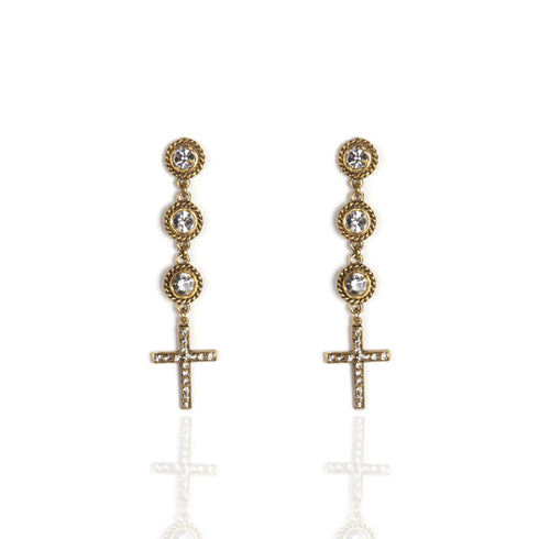 3 Crystal Cross Earrings Clear - Gold