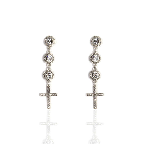 3 Crystal Cross Earrings Clear - Silver