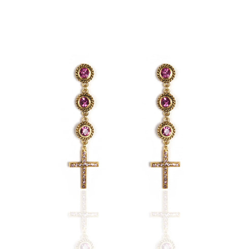 3 Crystal Cross Earrings Pink - Gold