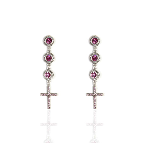 3 Crystal Cross Earrings Pink - Silver