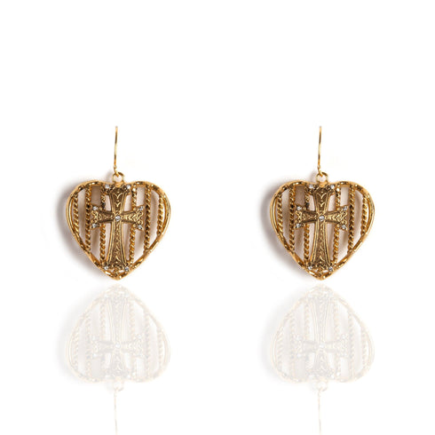 Caged Heart Cross Earrings