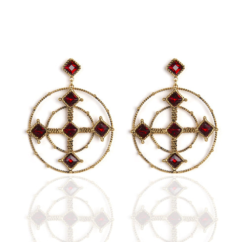 Brigid Celtic Cross Post Earrings Fire Ruby - Gold