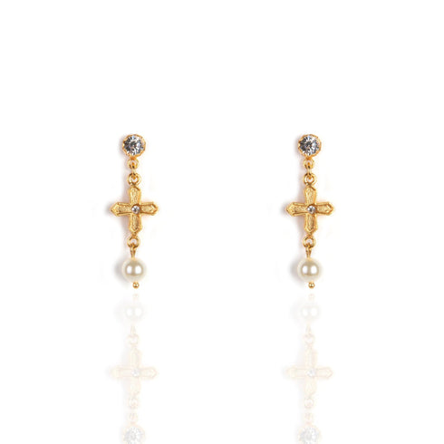 Peace Cross Pearl Post Earrings