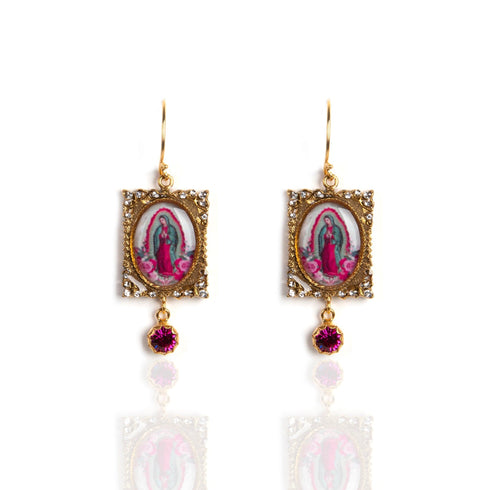 Retablo Pink Guadalupe Earrings - Gold