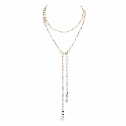 Peace Cross Beaded Lariat Cream Pearl - VSA Designs