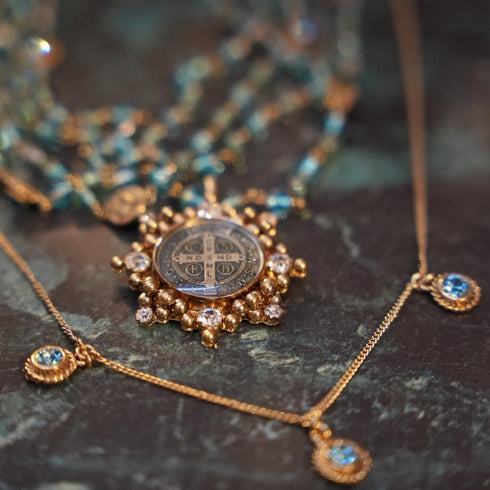 3 Crystal Drop Necklace Blue - Gold