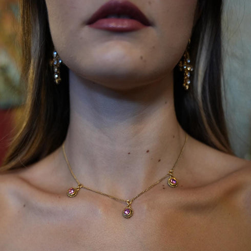 3 Crystal Drop Necklace Pink - Gold