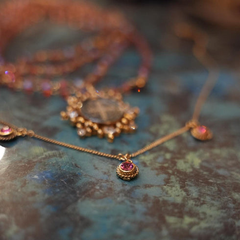 3 Crystal Drop Necklace Pink - Gold
