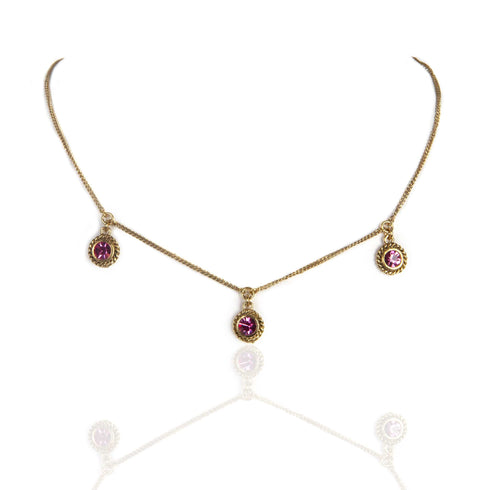 3 Crystal Drop Necklace Pink - Gold