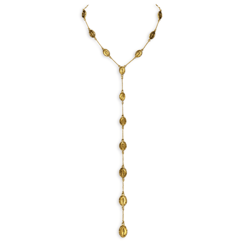 A gold-toned Y-shaped necklace featuring multiple elongated oval links with textured, carved details, displayed against a solid white background.
