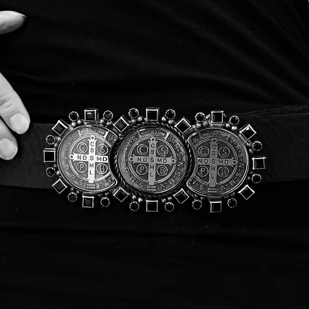 ? Virgins Saints & Angels Triple San Benito Jet Black Crystal Belt Buckle NEW BB Simon Veronica Belt Jet Black Crystal Leather Rap Rapper  main image 3